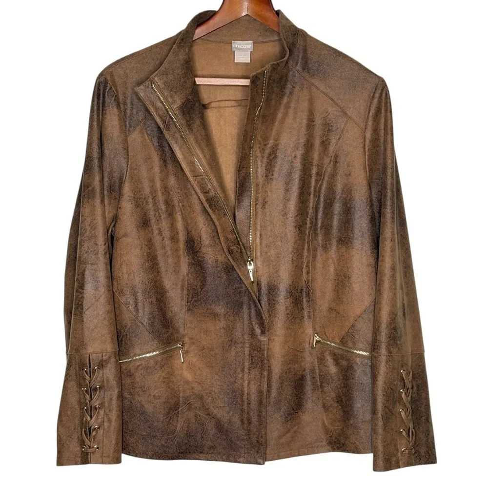 Chicos Faux Suede Moto Jacket US L 12/14 Lace Up Sleeve Details Brown Full Zip